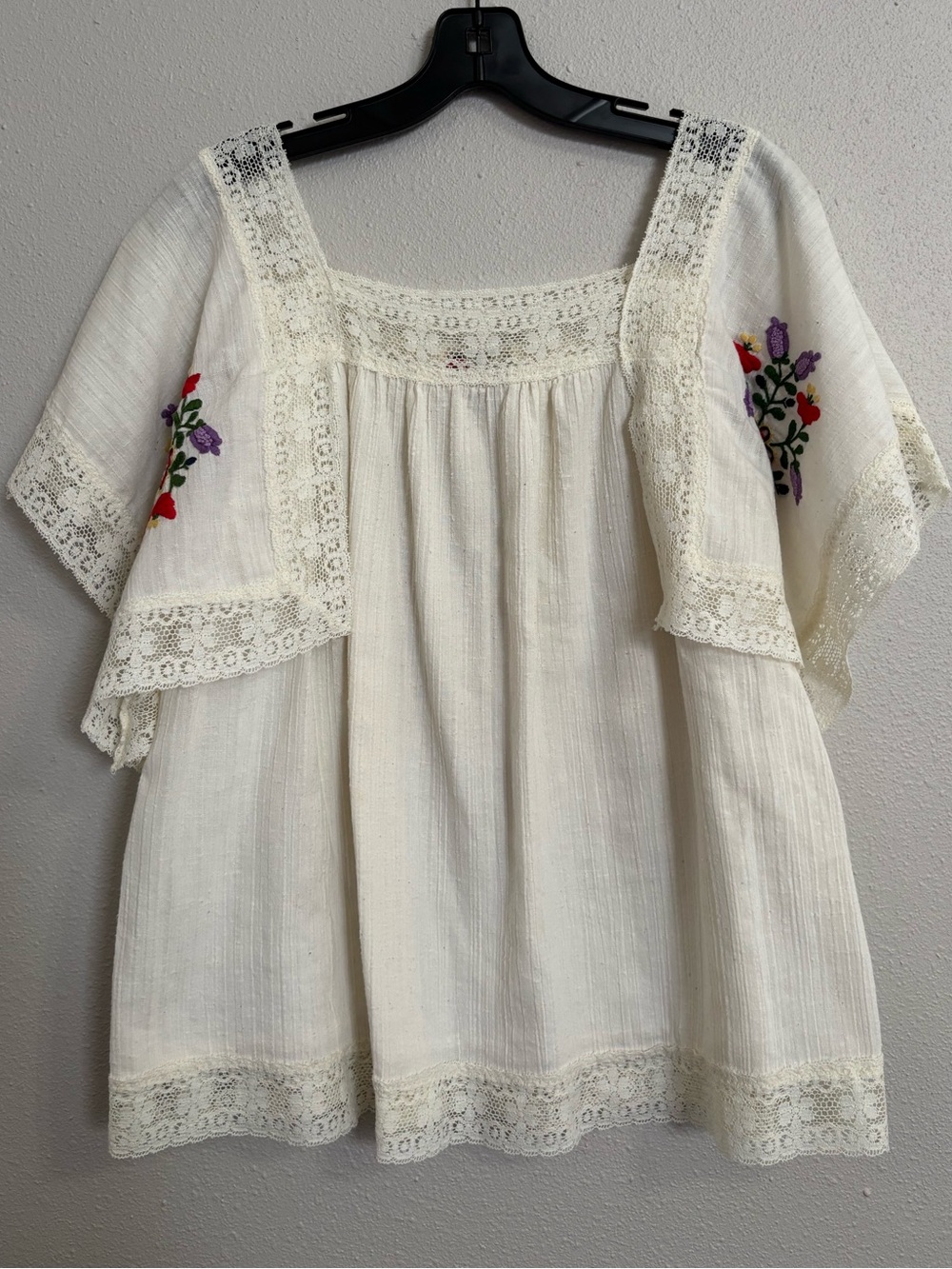 Boho Lace-Trim Embroidered Ivory Peasant Blouse